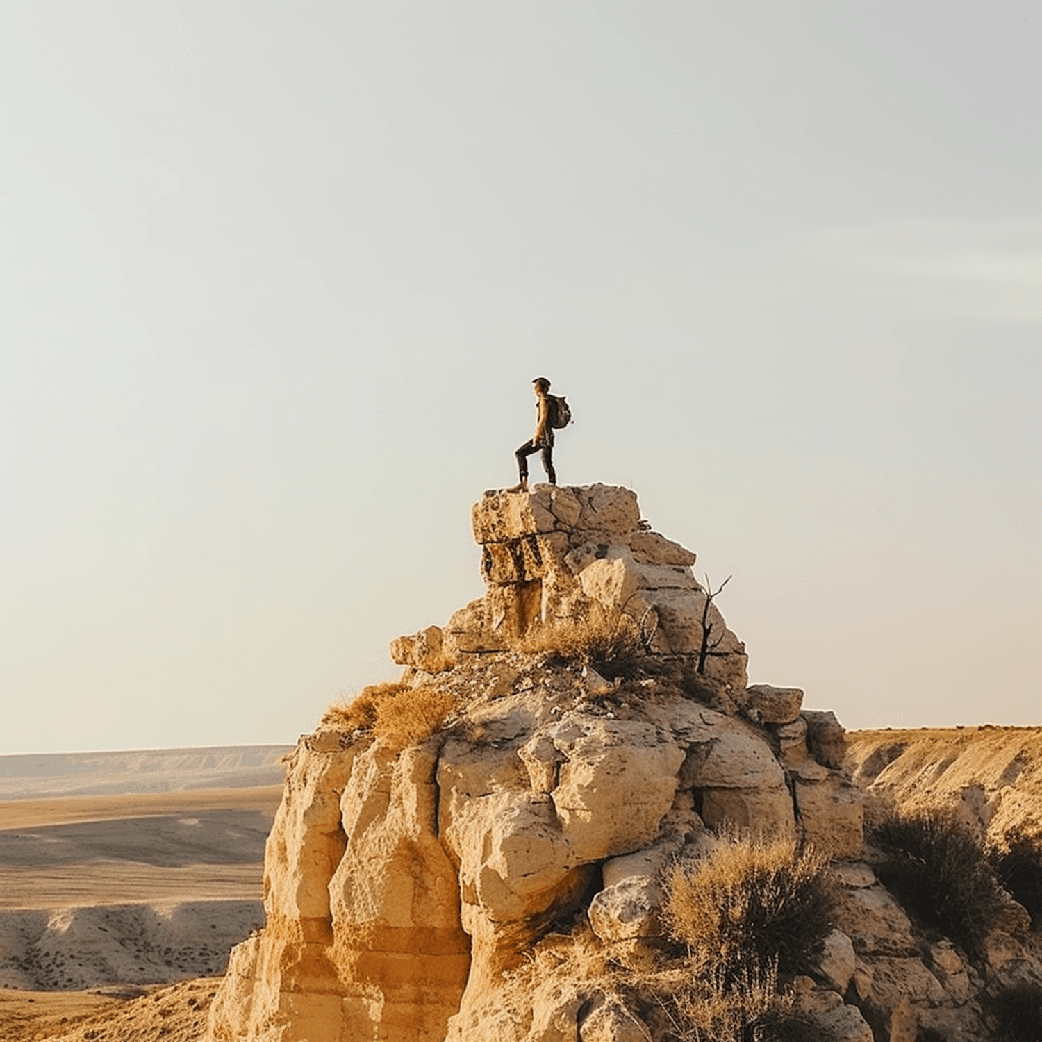 A hiker standing on top of a sandstone outcrop above a wide valley at golden hour